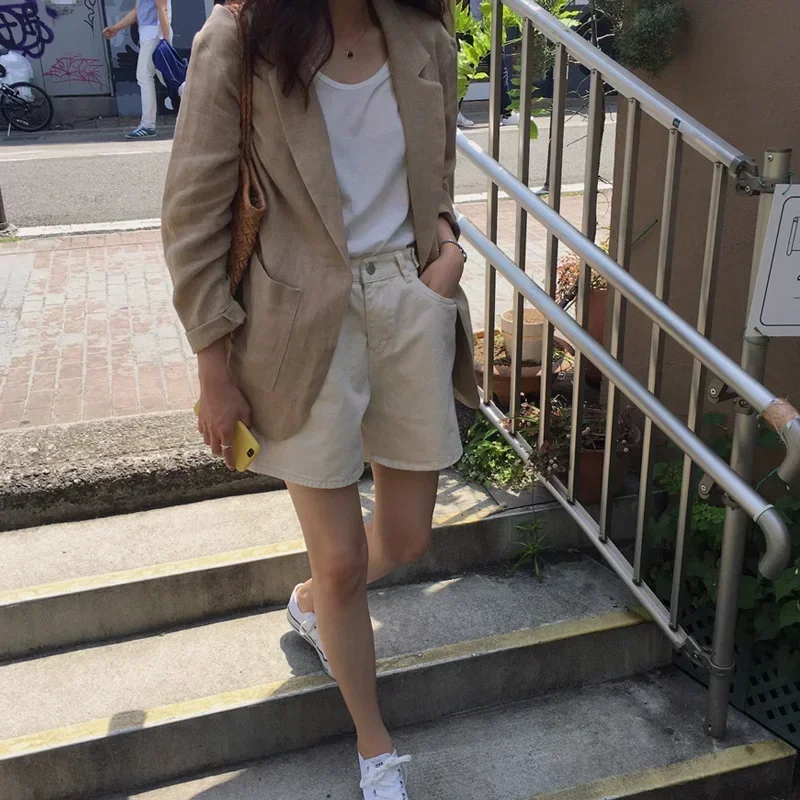 Retro Cotton Linen Solid Blazer Summer New Womens Notched Collar Clothing Single Breasted Casual Suit Jacket Women E4992