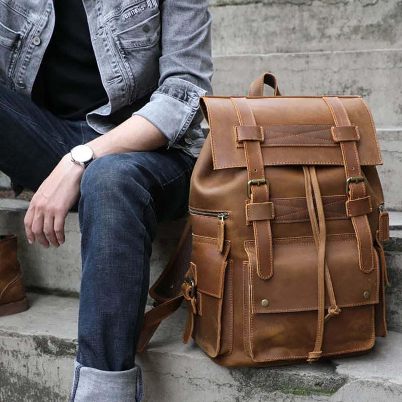 

Vintage Leather Bagpack Crazy Horse Leather Men's Daypack Male Travel Backpack Large Capacity 15.6 Inch Laptop Backpack For Men