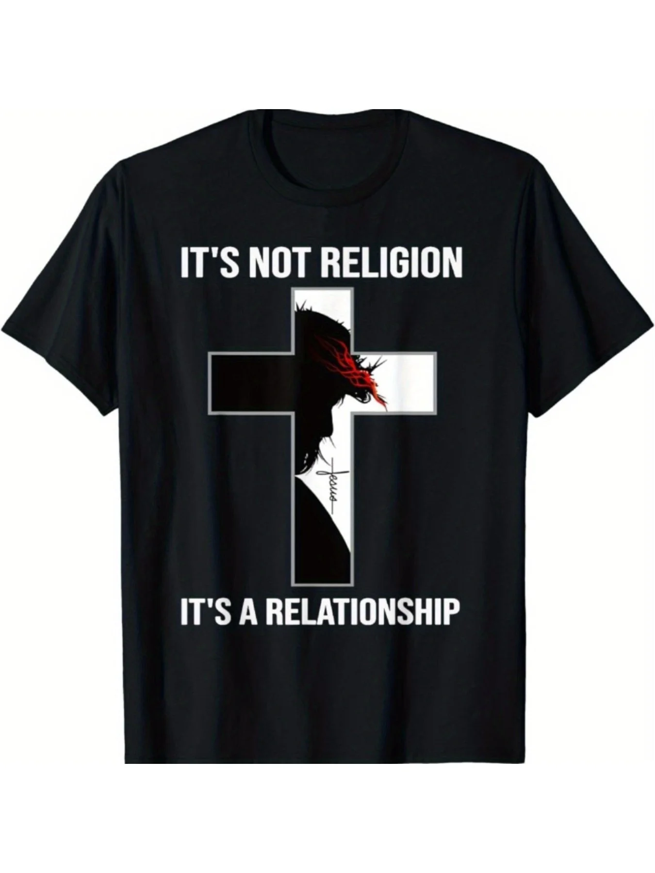 

Men's Limited Edition Jesus Silhouette T-Shirt - "It's Not a Religion, It's a Relationship" Design, Black Crew Neck T-Shirt