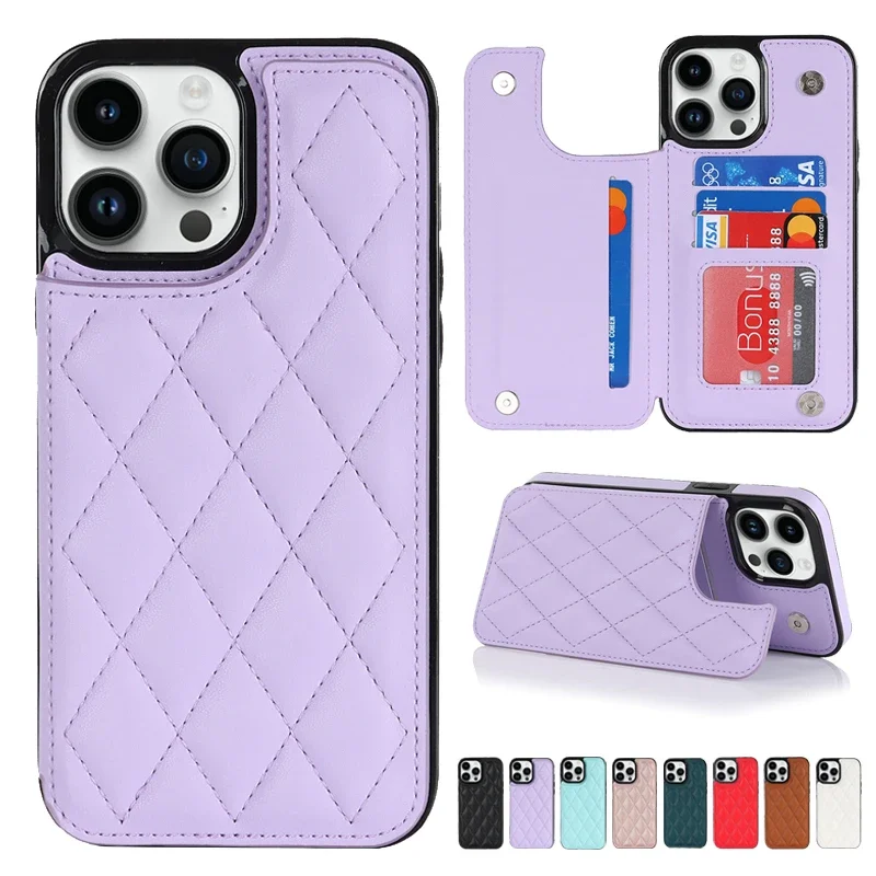 

Double Button Small Fragrant Wind Wallet Card Flip Leather Case For iPhone 15 Pro Max 14 13 Mini 12 11 X XS XR SE 2020 8 7 Plus