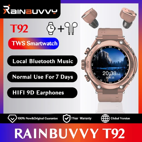 Rainbuvvy T92 이어폰, TWS 스마트워치, 초대형 메모리 외관, 세련되고 멋진 1.96 인치 HD 스크린, 매우 긴 내구성, 2 in 1 