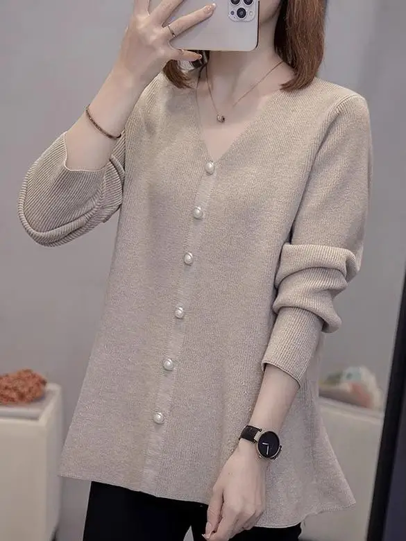 

Свободный вязаный свитер с v-образным вырезом, женский осенне-зимний модный молодежный колокольчик, повседневный удобный длинный топ све