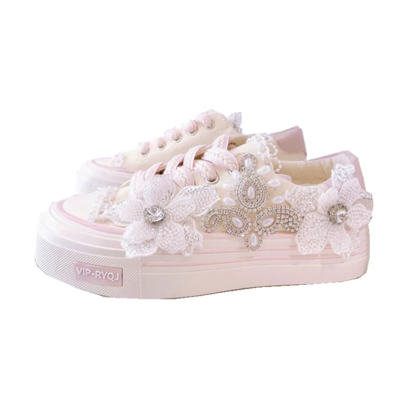 Luxury Floral Ladies Platform Sports Shoes for Women‘s Sneakers Tennis Female 2022 Sweet Pink Rhinestones Pearls Wedding Flats