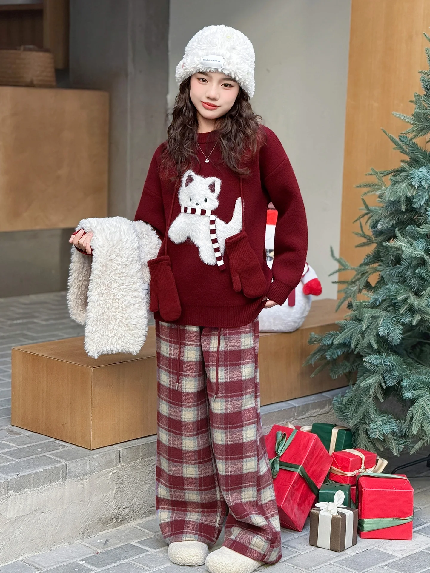 

Thiened Fce Girls Outfit Autumn Winter Plaid Pants Sweater Two Piece Set Children's Faion Korean Sle Warm Casual Wear