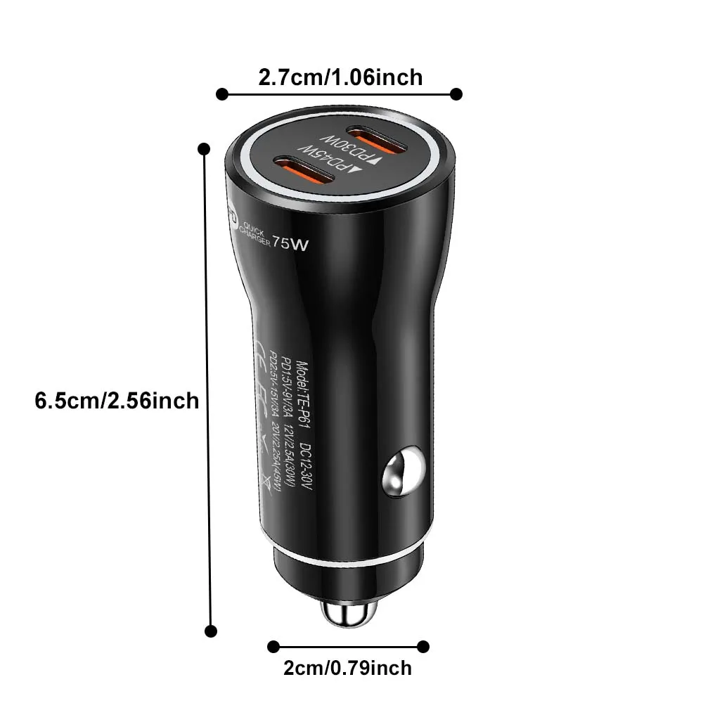 75 W 2-Port-USB-C-Autoladegerät mit PD30W PD45W Schnellladung Typ-C-Auto-Stecker-Feuerzeug-Adapter für Telefon