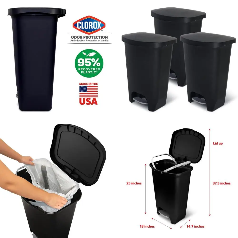 

13 Gallon Plastic Trash Can with Step-On Pedal, Odor Protection Lid, and Bag Rings, Black