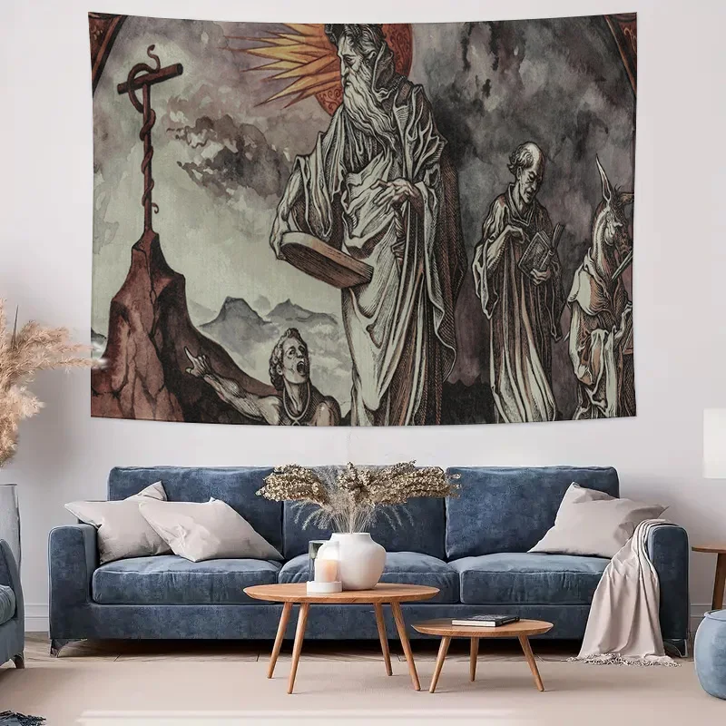 ملصق فني جداري ديني عتيق مثالي لديكور غرفة المعيشة باللونين الأبيض والأسود مرسومة يدويًا مع صورة متقاطعة على الطراز القوطي