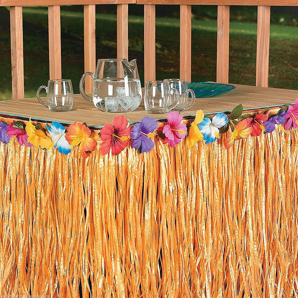 Orange Grass Table Skirt 276x75cm for Party Decoration, Hawaiian Luau Gathering Table Skirt
