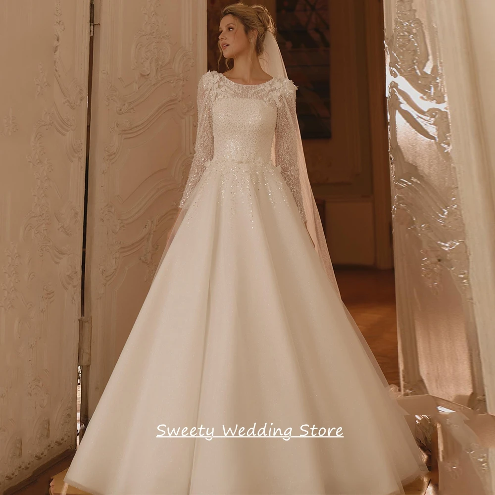 Customized Sparkling Wedding Dresses Fashion Round Neck Long Sleeves Beading Sequined Flowers A Line Bridal Gown Sweep Train