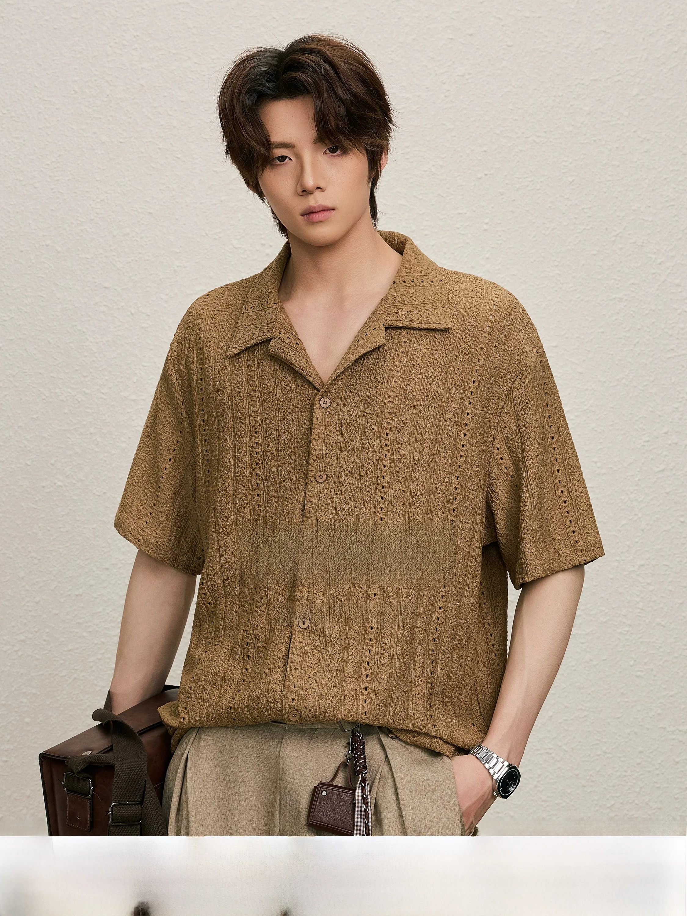 

ALLIN Men's Summer Retro Texture Casual Shirt Hollow Cuba Collar Loose Breathable Short Sleeve Top Fashionable Streetwear