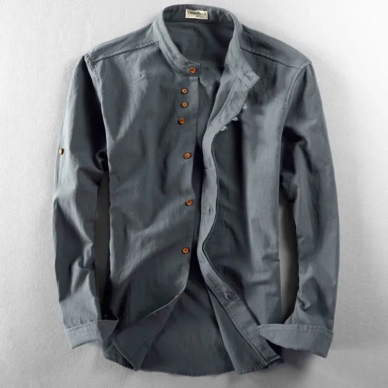 Lässiges Leinen-Stehkragenhemd für Herren im japanischen Stil, einfarbig, langärmelig, schlank, trendig, atmungsaktiv, Retro, klassischer Top-Mantel