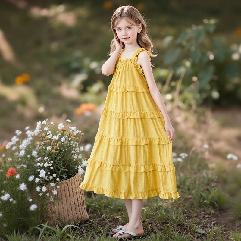 

Детское летнее платье макси без рукавов с многоярусными оборками для девочек, повседневное пляжное платье в стиле бохо, наряд для праздников, вечеринок, свадеб, платье для девочек-цветочниц
