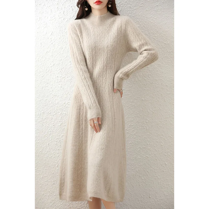 Elegant Fashion Dresses Cashmere Sweater Knitted Long Dress 100% Merino Wool Women Turtleneck Office Skirt Autumn Winter Clothes