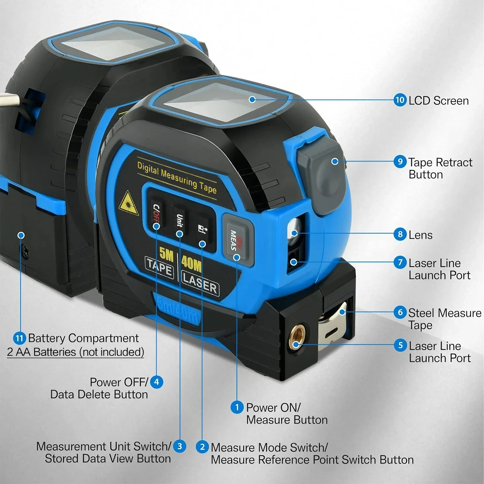 40/60M 3-in-1 Laser Tape Measure Meters Infrared Laser Distance Measuring Smart Energy Ruler High Precision Measuring Instrument