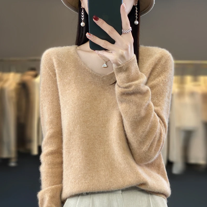100% Merino Wool Basic Sweaters Women Knitted Pullover Top Winter Warm Soft V-Collar Polychrome Sweater Women's Jumper