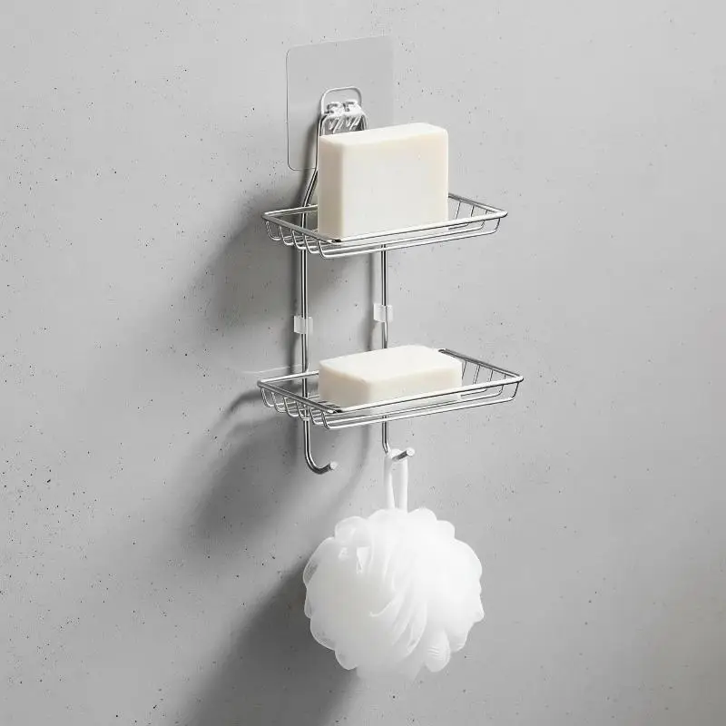 Stainless Steel Double Tier Draining Soap Dish Holder No Drill Wall Mounted Soap Rack Bathroom Kitchen Shower Storage Organizer