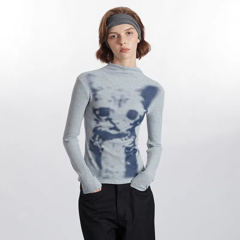 ALIDI Autumn and Winter Elastic Knitted Top Women's Long Sleeved Cat Print Niche Slim Fit Base One Word High Round Neck T-shirt