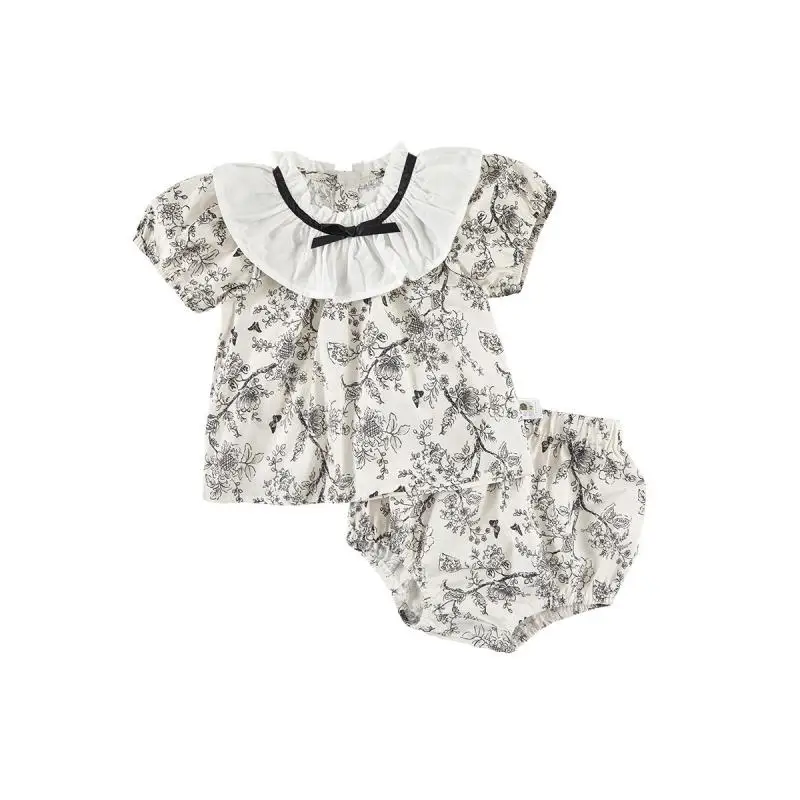 2024 Summer Printed Short Sleeves Baby GirlsTwo Piece Set Bubble Sleeve Tops Fashion Shorts Newborn Girl  Baptism Clothes Outfit