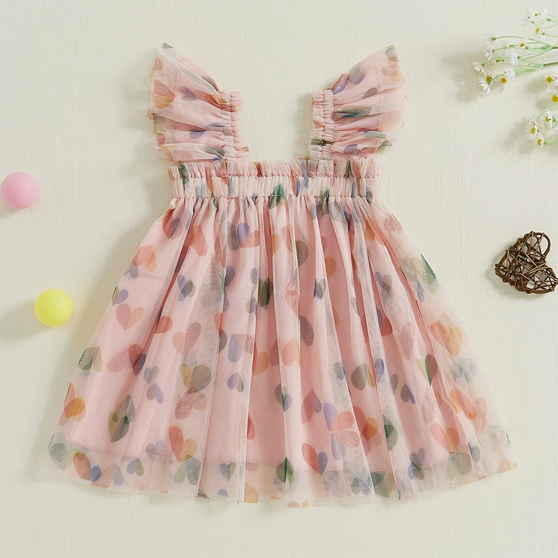 Toddler Girls Tulle Princess Dress Casual Colorful Heart Print Tutu Mini Cute Flying Sleeves a Line Dress Valentine's Day Outfit