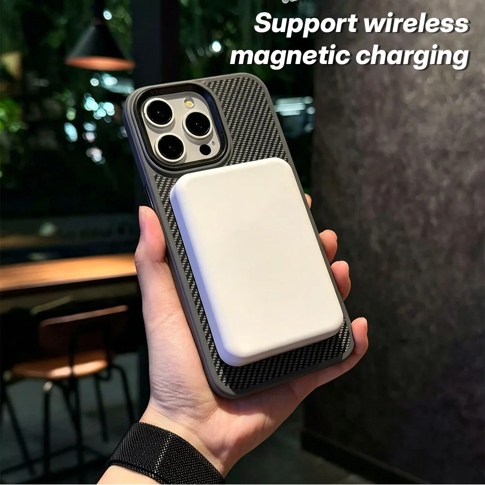 Carbon Fiber Texture For Magsafe Magnetic Bracket Phone Case For iPhone 17 11 12 13 14 15 16 Pro Max Glass Lens Protector Cover view 5