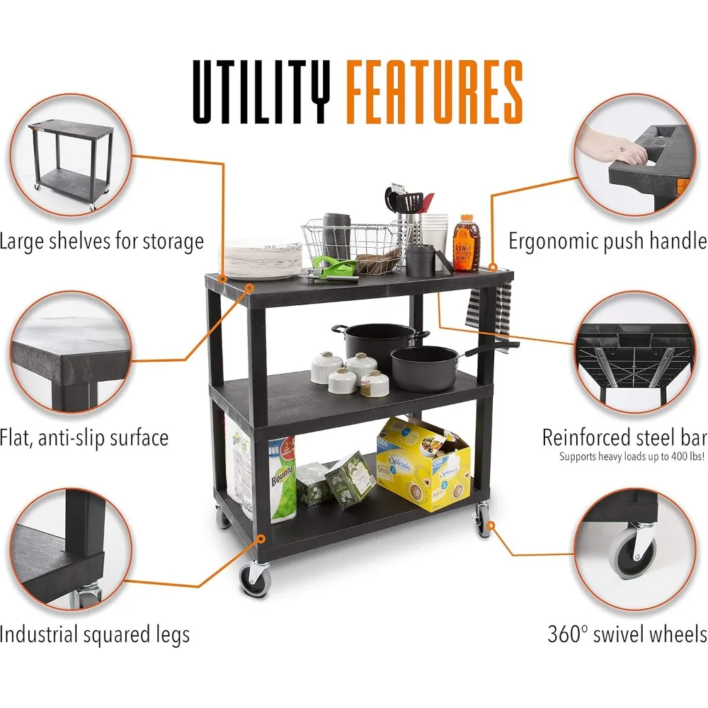 3 플랫 탑 선반 유틸리티 카트, 최대 400 lbs 지원, 헤비 듀티 플라스틱 서비스 푸시 카트, 3 플랫 선반 포함