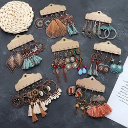 Fashion Hollow Dangle Earring Set For Women Bohemian Ethnic Style Earrings With Bronze Drop Leaf Feather Shaped Vintage Jewelery