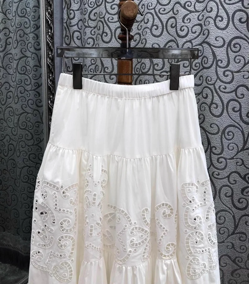 New 2025 Spring Long Skirt High Quality Women Elastic Waist Hollow Out Embroidery Luxury Cotton Linen Long Maxi White Skirts