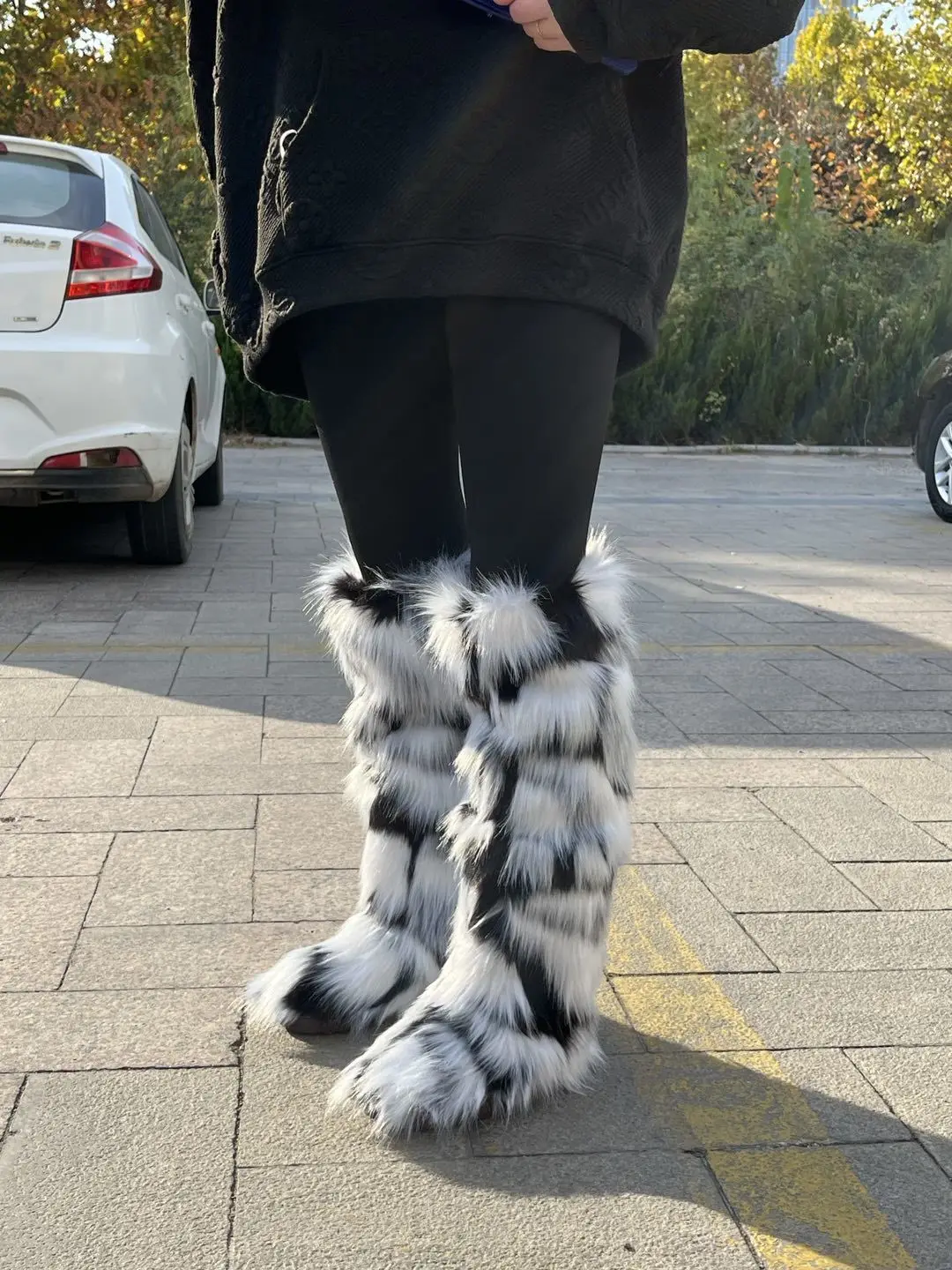 Women Winter Fluffy Faux Fur Mid-Calf Snow Boots Thick Flat Solid Rubber Soles Round Toe Over Knee High Boots Big Size 44 Warm