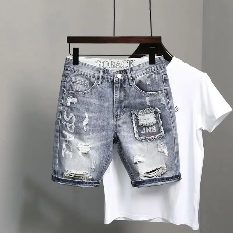 Men\'s Short Jeans Pants Graphic Ripped With Text Male Denim Shorts Harajuku Xxxl Blue Thin Sale Youthful Emo Y2k Fashion Emo