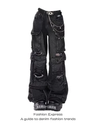 Women Jeans Pants Y2K High Street Heavy Washed Black Perforated Workwear Jeans For Women's Autumn And Winter Multi Pocket
