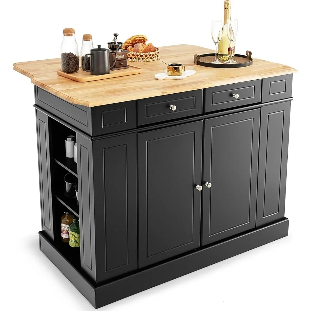 Kitchen Island with Drop Leaf, Rubber Wood Top, 2 Drawers, Storage Cabinets, Spice Racks, Adjustable Shelves