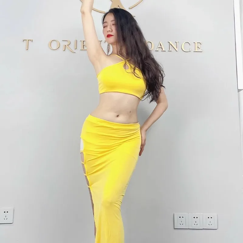 Customized Belly Dance Costumes Practice Dress Yellow Modal Strapless and Legless Skirt Sexy Beginner Oriental Dance Costume