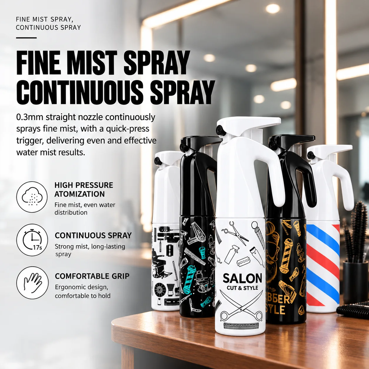 Hair Spray Bottle 200/300ml One Press 7 Seconds Continuous Fine Mist Water Sprayer Barber Salon Hairdressing Refillable Garden