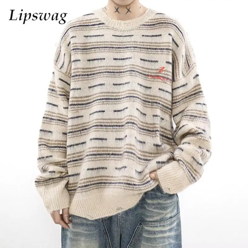 

Stylish Embroidery Knitted Pullovers Men Fall Winter Daily Casual Long Sleeve O Neck Sweaters Mens Clothes Knitting Striped Tops