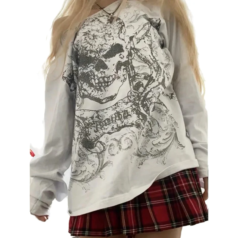 Women Y2K Oversized T-shirt Grunge Fairy Tops Tshirts Femme Halloween Long Sleeve Off Shoulder Skull Print Casual Fall Tees New