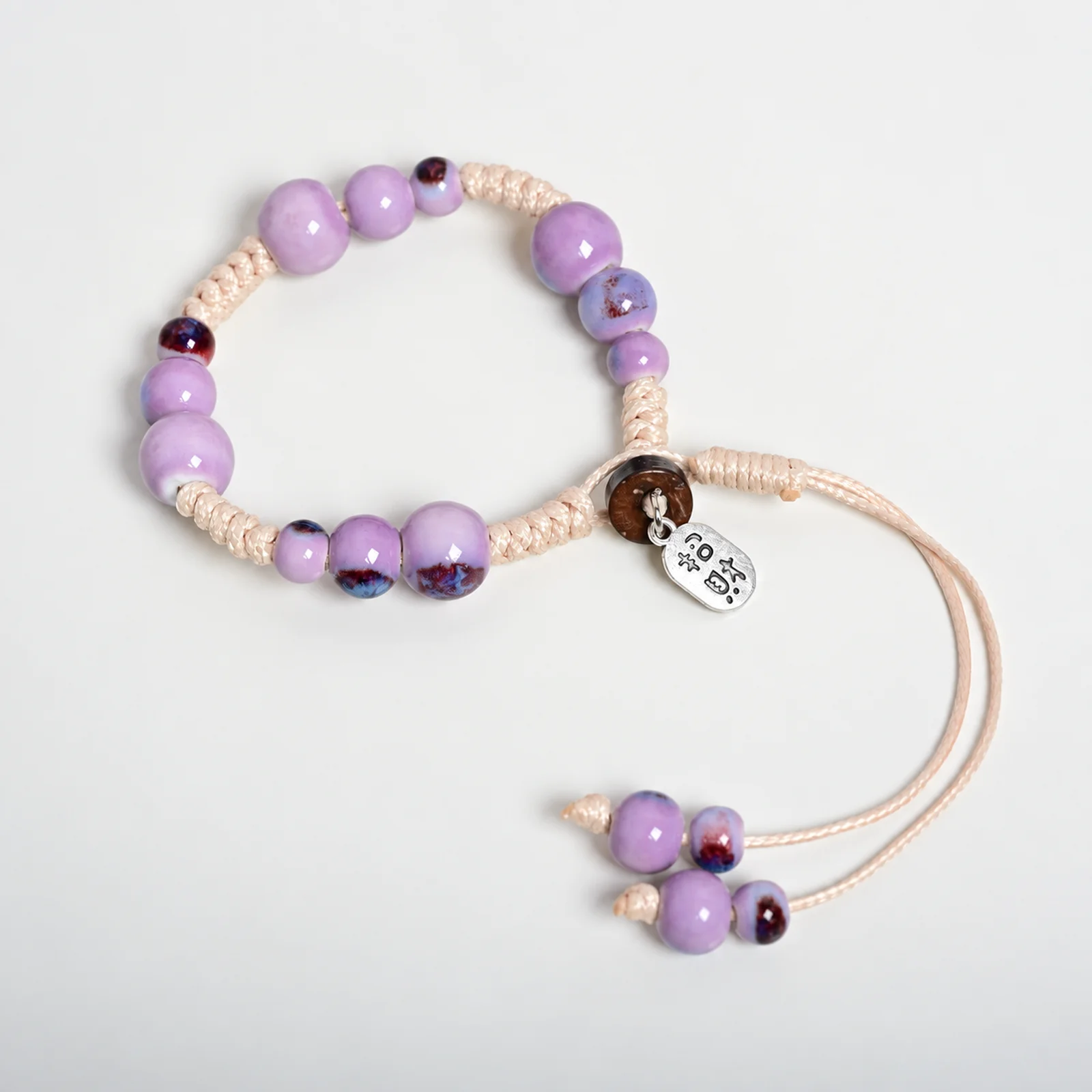 Handwoven Ceramic Bracelet Purple Gourd Beads Waxed Cord Metal Charm Wooden Accents Handmade Jewelry . 609P5-09