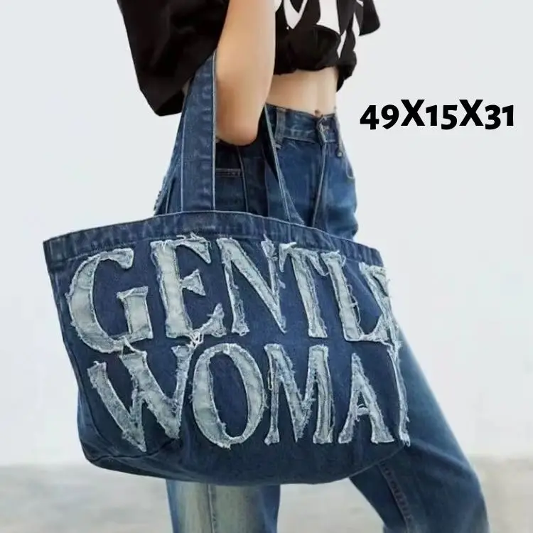 

Fashionable Versatile Denim Letter Patchwork Street Style Soft, Durable, Versatile Large Capacity Tote Shoulder Bag