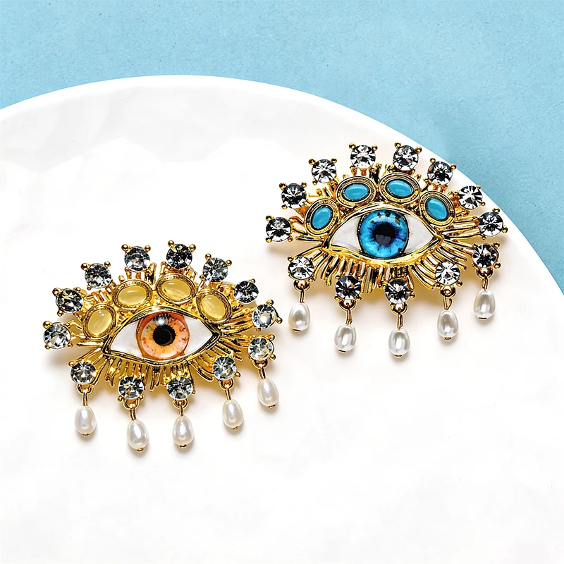 Wuli&baby Charming Blue Eye Brooches For Women Unisex Rhinestone Pearl Eyes Party Office Brooches Pins Gifts