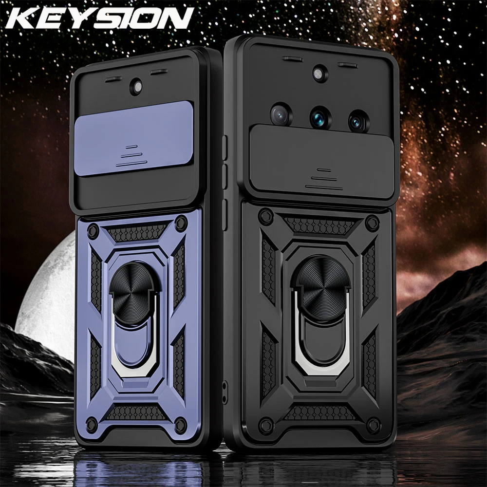 

KEYSION Shockproof Armor Case for Realme 11 Pro 5G Slide Camera Lens Protection Ring Stand Phone Cover for OPPO Realme 11 Pro+5G