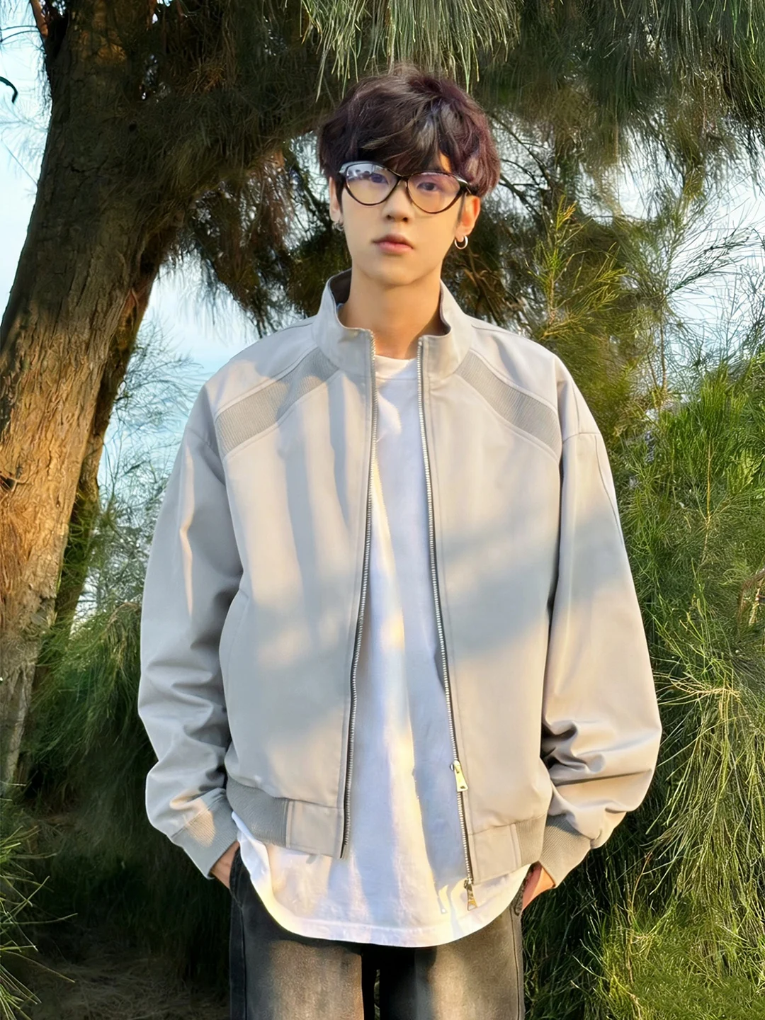 

ey Deconstructed Stand Collar Flight Jaet Men's Spring Boxy ort Baseball Sle Cleanfit Workwear Outerwear