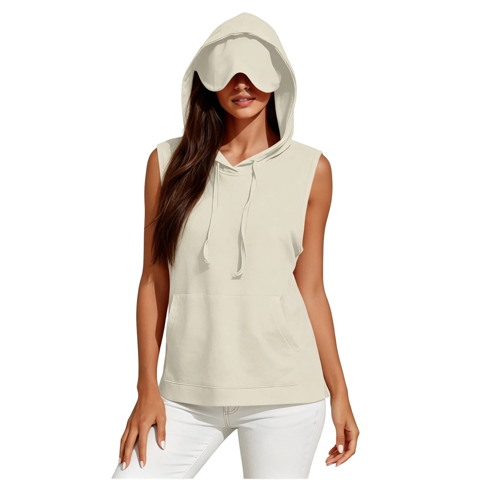 

2026 Summer Women With Eye Mask Comfy Pullover Tops Lightweight Sleeveless Hoodies Shirts