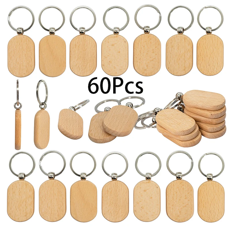 

60Pcs Wood Keychain Blanks Wooden Blank Keychains Unfinished Blanks Wood Keychains Key Tag Blank Wooden Key Chain Keyring