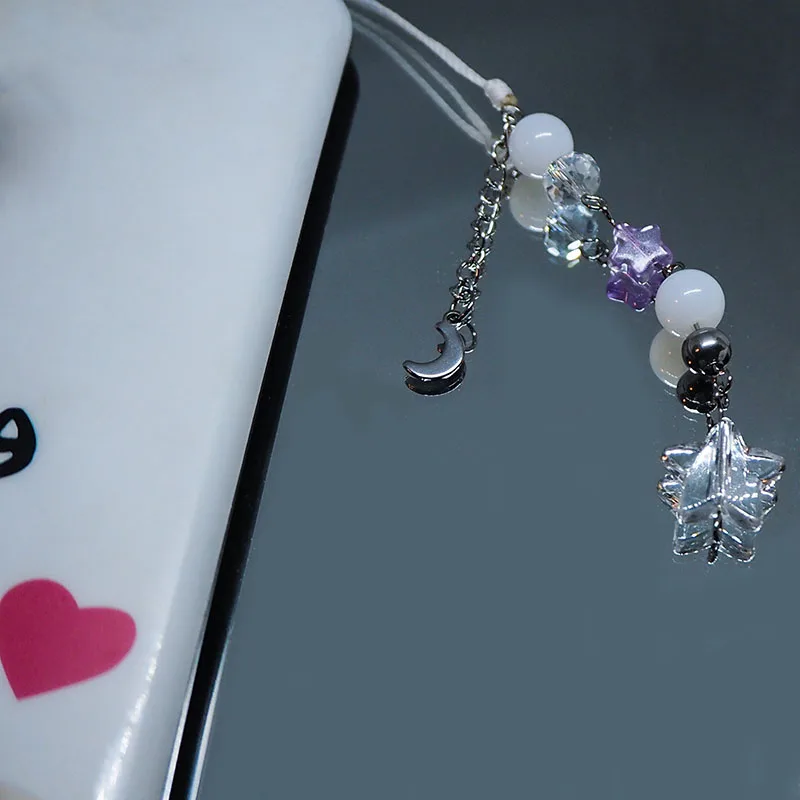 LLavero de estrella púrpura Y2K para mujer, cadena de teléfono con cuentas de cristal de Luna bonita, joyería Kawaii con cordón