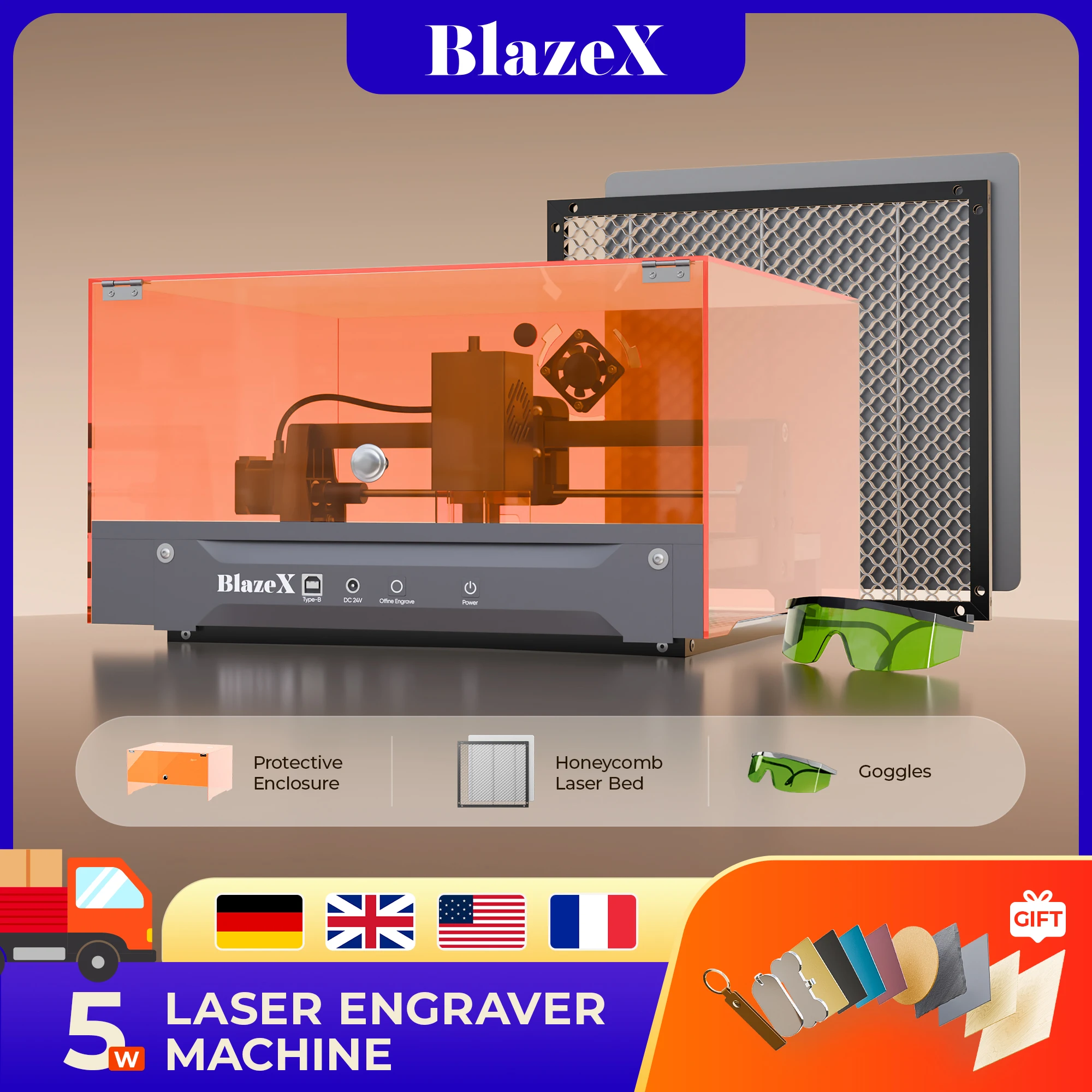 Machine de gravure et de découpe laser BlazeX M3 5W (5000mW), machine de gravure DIY de classe 1 conviviale pour débutants avec précision de 0,01 mm, boîtier de protection, plateau alvéolé, kit de matériaux et lunettes de protection, rouleau rotatif et kit de surélévation en option