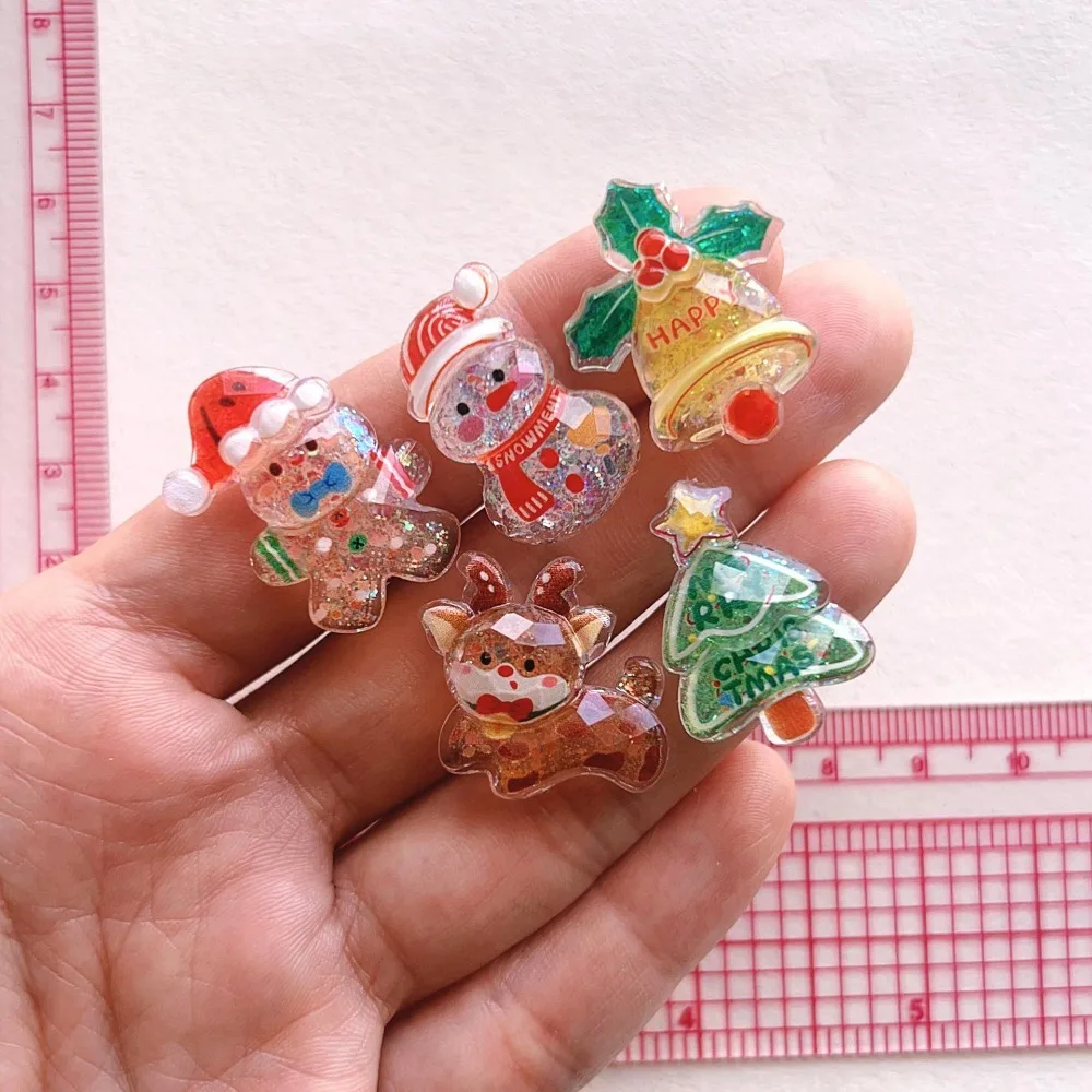 10pcs Mini Glitter Christmas Resin Charms, Gingerbread Man Snowman Reindeer Bell Tree Flatback Ornaments for DIY Jewelry Craft