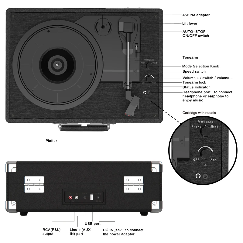 Pemutar rekaman vinil C210, meja putar Vintage Bluetooth 3 kecepatan, pemutar rekam dengan speaker RCA Line Out AUX in Headphone Jack