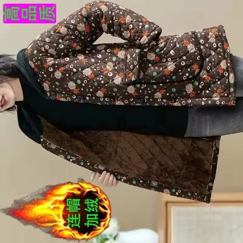 

Winter New Mom's Hooded Velvet Cotton-Padded Clothes Middle-Aged Elderly Jacket Women Med Long Thicken Keep Warm Overcoat Female