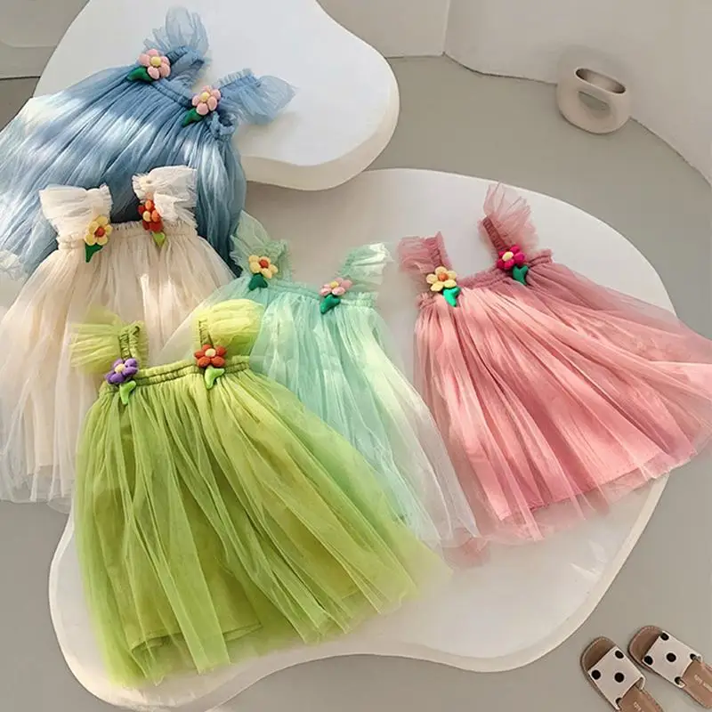 Summer Princess Girls Tulle Super Fairy Dresses Rainbow Flower Party Tutu Dress Children Mesh Puffy Birthday Vestidos Clothing