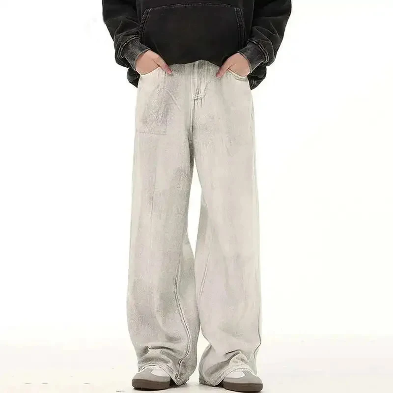 

American Style Men's Denim Jeans Dirty Dye Design Worn-out Washing Casual Pants Straight Wide Leg Male Bottom Trend 2026 Spring