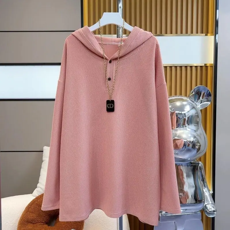 Spring Autumn New Women\'s Plus Size Solid Color Hooded Casual Long Sleeve Fashion Simplicity Stripe Loose Versatile T-shirt Top